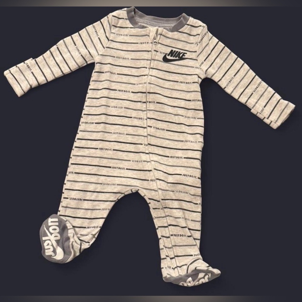Nike Gray Striped Zip-Up Footie w/ Mitten Covers